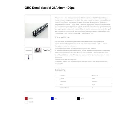 Dorsi plastici a 21 anelli GBC CombBind 6 mm A4 nero - fino a 25 fogli conf da 100 dorsi - 4028173